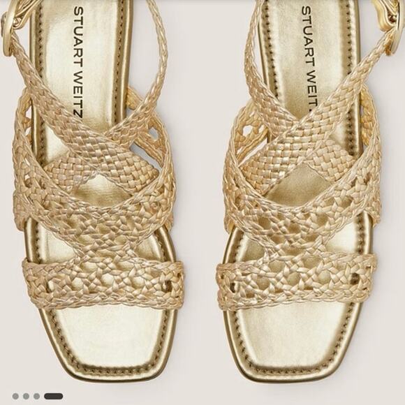 NWOB Stuart Weitzman Thea Sandal in Metallic Woven Leather/Golden SZ 8 - Picture 3 of 8